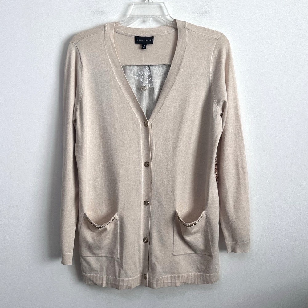 Susan Graver Cardigan Sweater M V Neck Gold Chain Satin Back Long Sleeve‎ NWOT
